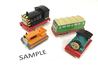 Lot 1541 - Golden bear, Thomas Train, Douglas and Donald plus tender, No.5 Train,Green train, Diesel train, two carriages and Caterpillar Vehicle. Also a selection of battery operated Tomy Thomas engines and...