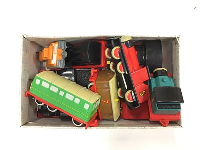 Lot 1541 - Golden bear, Thomas Train, Douglas and Donald plus tender, No.5 Train,Green train, Diesel train, two carriages and Caterpillar Vehicle. Also a selection of battery operated Tomy Thomas engines and...