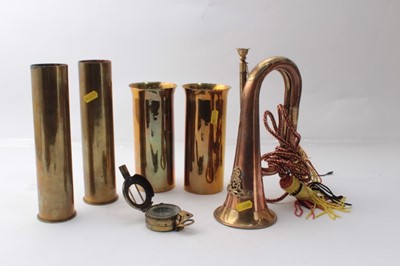 Lot 260 - British Military MK3A brass pocket compass together with four Trench Art shell case vases and a bugle (6)