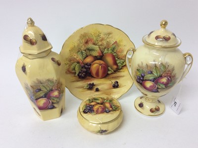 Lot 627 - Aynsley Orchard Gold china, including a twin-handled vase and cover, a hexagonal vase and cover, a pot and cover, and a dish (4)