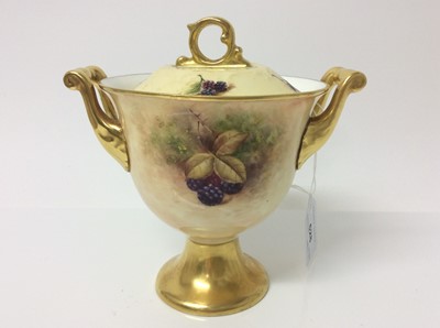 Lot 628 - Coalport twin-handled vase and cover painted with fruit, signed Budd, 17.5cm height (lid does not match)