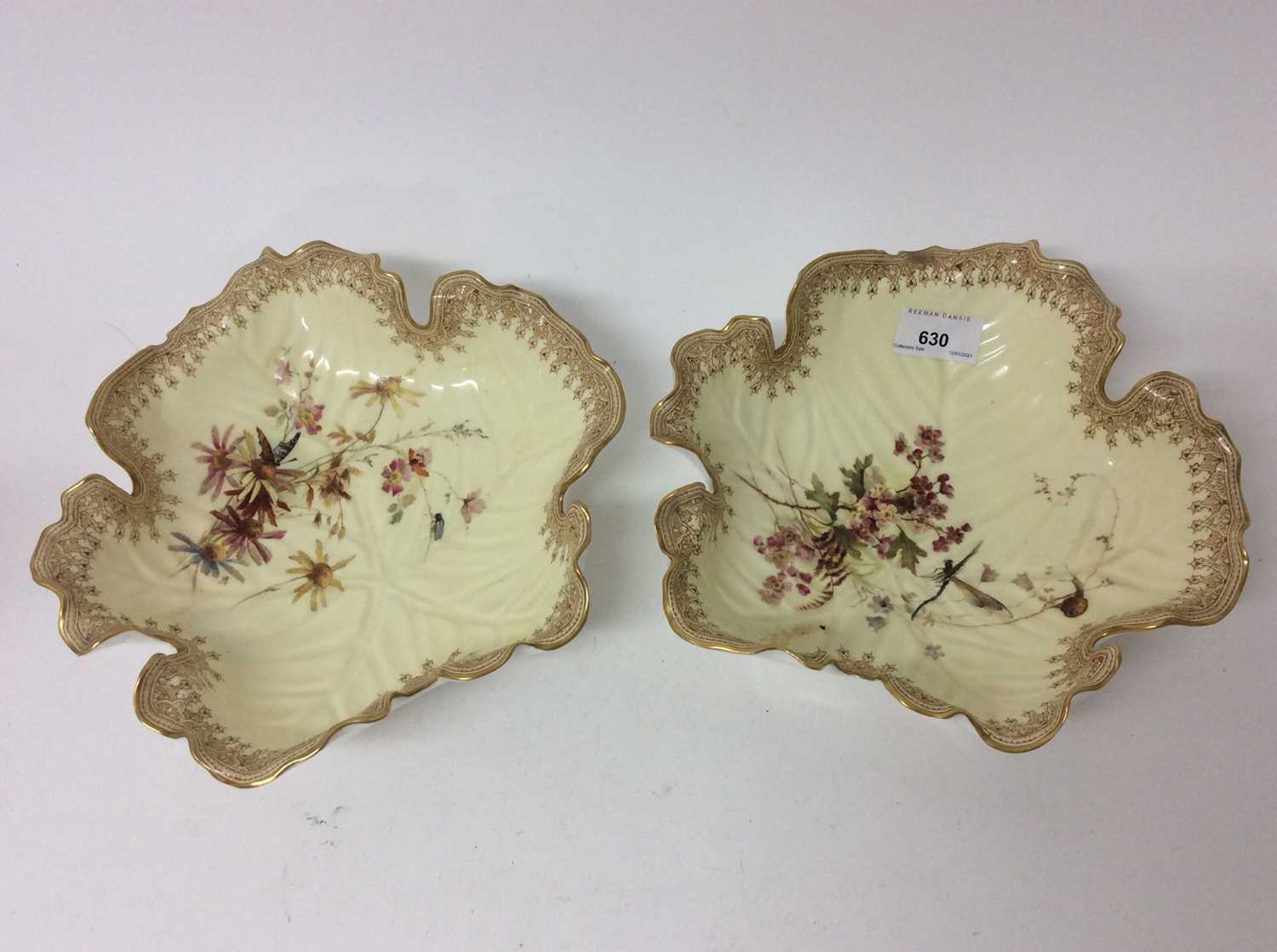 Lot 630 - Pair of Royal Worcester blush ivory dishes, of leaf form, 24cm across