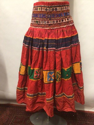 Lot 1827 - Old Indian mirror work skirt with wide waistband and colourful embroidery. Two large Japanese  hand painted street banners. Plus a highly decorative hanging with elephants and flowers.