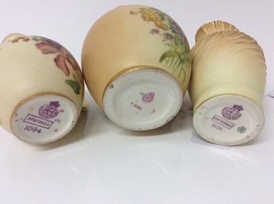 Lot 633 - Three Royal Worcester blush ivory jugs, 11.5cm to 14cm height