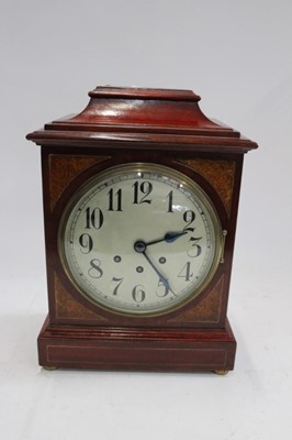 Lot 2031 - Gustav Becker chiming mantel clock in stained mahogany case with brass stringing