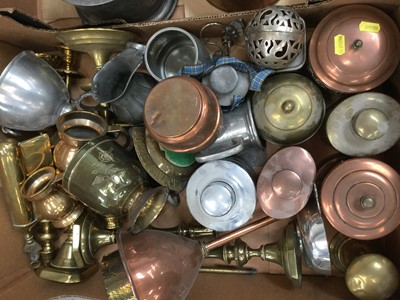 Lot 96 - Two boxes of assorted metalware including brass, copper and pewter (2 boxes)