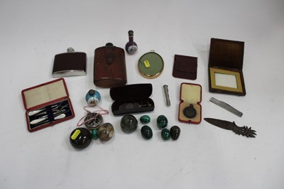 Lot 2014 - Group of mixed vertu items to include malachite eggs, Serpentine specemins and leather cased manicure set (1 box)