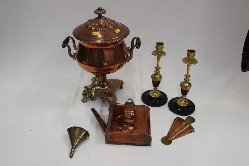 Lot 2036 - Antique Copper Samouvar together with a pair of candlesticks, and copper items