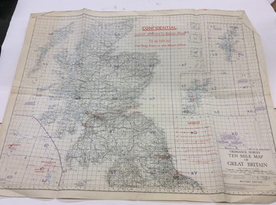 Lot 246 - Second World War Ordnance Survey Ten Mile Map of Great Britain, marked Confidential Control of Flying in Balloon Areas to be held by the duty pilot in the watch office