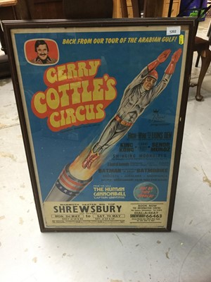 Lot 1202 - 1970's Gerry Cottle's Circus framed poster of The Human Cannonball in glazed frame, approximately 79 x 54cm overall