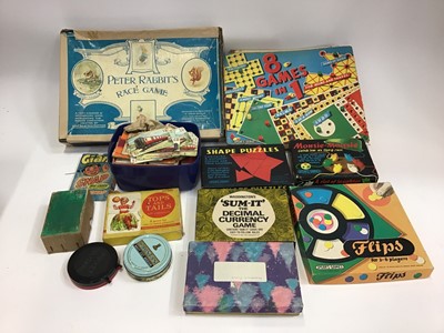 Lot 1577 - Selection of children,s, games and puzzles.  Including Escalado, Construments Number100 Set, Building Blocks, Wooden Trains, Tin plate Kitchen and a child's transfer printed tea set.