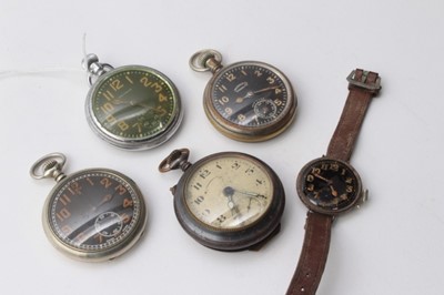 Lot 254 - First World War Period trench wristwatch with black Arabic numerial dial, together with four various military type pocket watches, three with black dials (5)