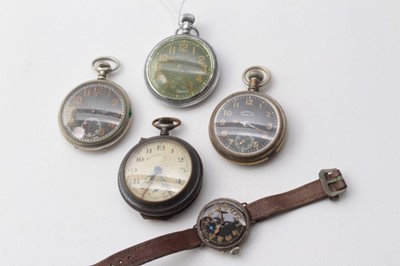 Lot 254 - First World War Period trench wristwatch with black Arabic numerial dial, together with four various military type pocket watches, three with black dials (5)