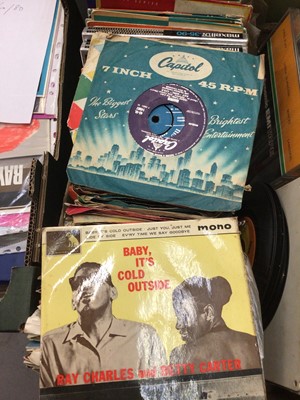 Lot 716 - Box of single Jazz records, EPs and High Output Hi-Fi tapes etc, including Nat King Cole, Dave Brubeck and Bobby Davis (approx 130)