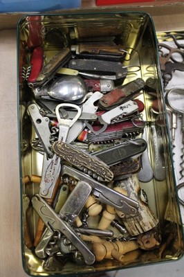 Lot 2017 - Extensive collection of old corkscrews, bottle openers, penknives and related items