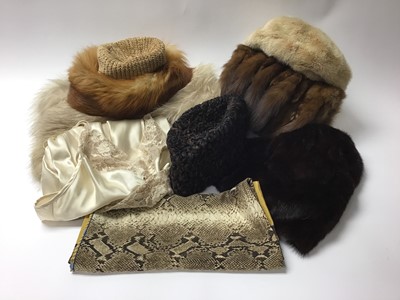 Lot 1829 - Valentino very large silk scarf with snake skin design with a Valentino silk negligee and a fox fur stole. Also a fox fur hat, mink hat , mink muff and two other fur hats.