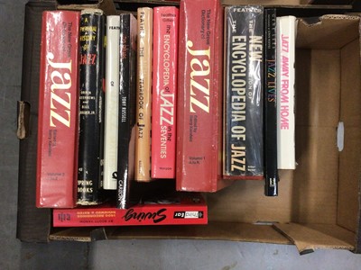 Lot 738 - Two boxes of Jazz books including Blue Note - The Album Cover Art, Dizzy Gillespie - The Bebop Years, and The New Enyclopaedia of Jazz