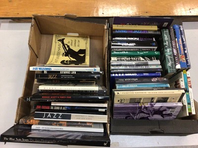 Lot 743 - Two boxes of Jazz books including Chuck Stewart's Jazz Files, Prestige Records, Straight Life - The Story of Art Pepper, and Kiss and Tell - Martin Taylor