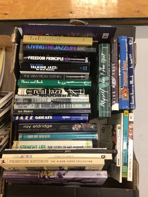 Lot 743 - Two boxes of Jazz books including Chuck Stewart's Jazz Files, Prestige Records, Straight Life - The Story of Art Pepper, and Kiss and Tell - Martin Taylor