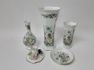 Lot 695 - Three Aynsley Wild Tudor vases, matching dish and a Crown Staffordshire candlestick (5)