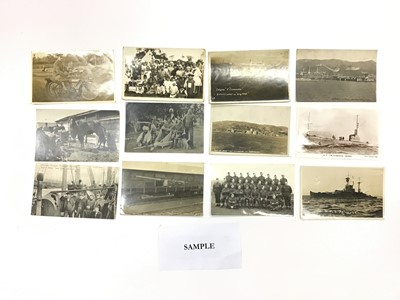 Lot 1289 - A box of Military items, postcards include silks, real photographic sporting, submarines, motorcycles, Naval, political, Crewe Boy Scouts other social history.