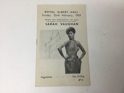 Lot 1440 - Sarah Vaughan autographed programme, also Sarah Vaughan signed  press photographs. (2)