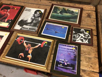 Lot 2057 - Two boxes of assorted framed colour sports photographs to include Boxing, Formula One, Football and Golf (2 boxes)