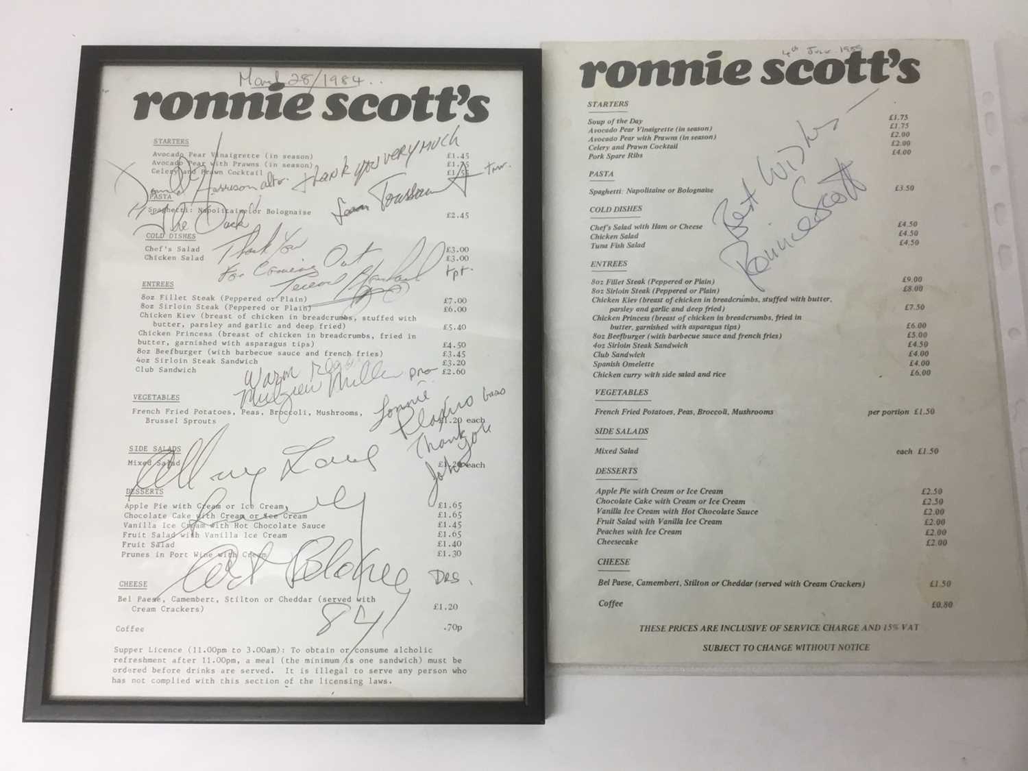 Lot 782 - Framed A4 Ronnie Scott’s menu dated March 1984, signed by various jazz musicians together with another signed by Ronnie Scott and seven signatures to reverse