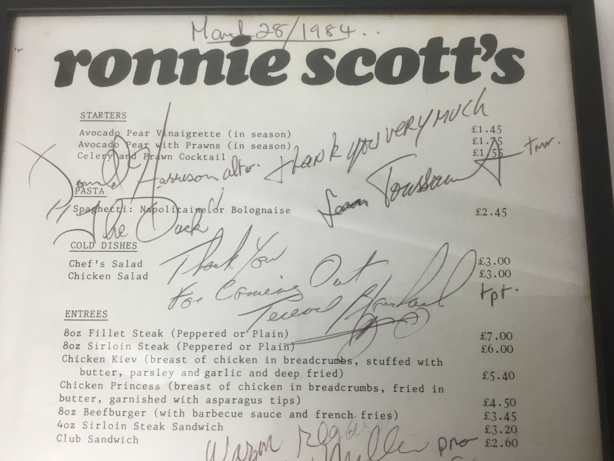Lot 782 Framed A4 Ronnie Scott’s menu dated March