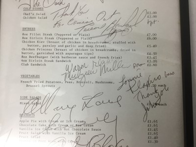 Lot 782 - Framed A4 Ronnie Scott’s menu dated March 1984, signed by various jazz musicians together with another signed by Ronnie Scott and seven signatures to reverse