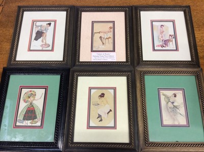 Lot 1302 - Six framed and glazed postcards including fantasy, glamour, Art Deco, femme au miroir