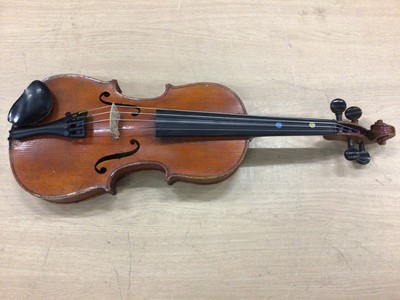 Lot 959 - Antique violin with two-piece back measuring 31cm length, the whole measuring 52cm, in a hard case with bow