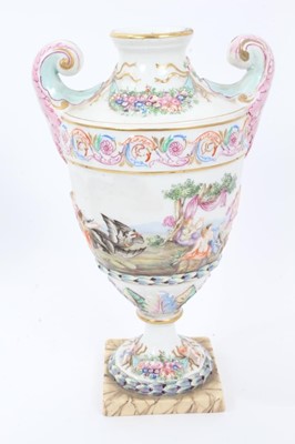 Lot 18 - Good 19th century Capodimonte garniture of urns, decorated in relief with mythological scenes, on squared marbled bases, 24cm to 29cm height