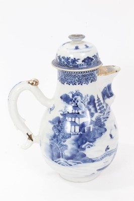 Lot 21 - Similar antique Chinese export blue and white porcelain teapot and coffee pot, painted with landscape scenes, with moulded handles and spouts, 13.5cm and 23.5cm height