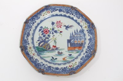 Lot 23 - Four 18th century Chinese famille rose porcelain dishes, including two painted with flowers, another painted en grisaille with two deer, and another with a watery landscape