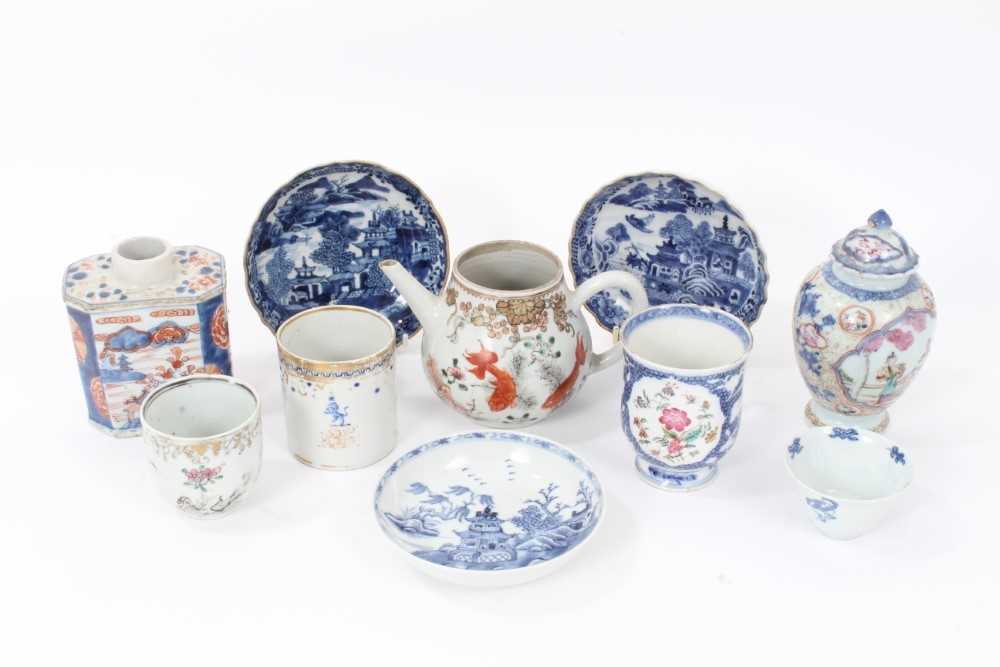 Lot 28 - Group of 18th century Chinese porcelain, including an Imari tea caddy, famille rose tea caddy, three blue and white saucers, blue and white tea bowl, a teapot and cup painted with goldfish, a famil...