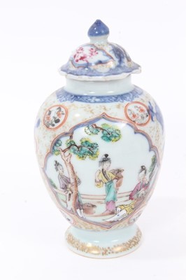 Lot 28 - Group of 18th century Chinese porcelain, including an Imari tea caddy, famille rose tea caddy, three blue and white saucers, blue and white tea bowl, a teapot and cup painted with goldfish, a famil...