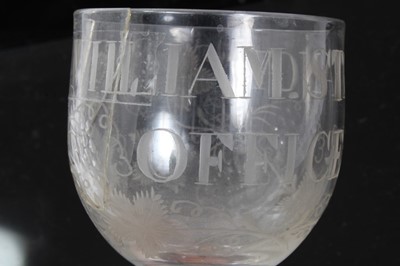 Lot 32 - Unusual antique Georgian glass goblet, engraved 'WILLIAM STRANGE OFFICER', with etched and cut grapevine decoration, 15.5cm height