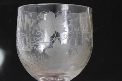 Lot 93 - Unusual antique Georgian glass goblet, engraved 'WILLIAM STRANGE OFFICER', with etched and cut grapevine decoration, 15.5cm height