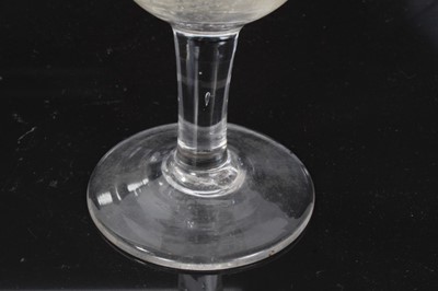 Lot 32 - Unusual antique Georgian glass goblet, engraved 'WILLIAM STRANGE OFFICER', with etched and cut grapevine decoration, 15.5cm height