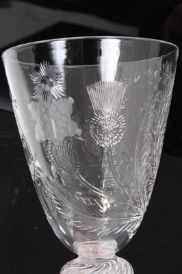 Lot 34 - Jacobite style wine glass, 20th century, engraved with a bust portrait of Bonnie Prince Charlie, within laurel leaves, roses and thistles, above a double knop air twist stem and a conical foot, 18....