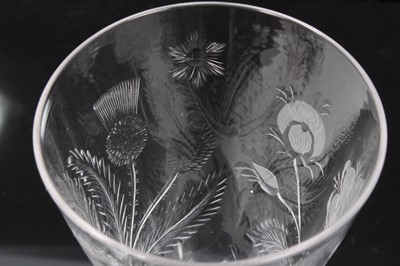 Lot 34 - Jacobite style wine glass, 20th century, engraved with a bust portrait of Bonnie Prince Charlie, within laurel leaves, roses and thistles, above a double knop air twist stem and a conical foot, 18....