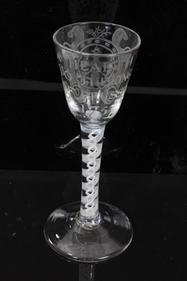 Lot 92 - Rare mid-eighteenth century cordial glass, the bowl engraved 'A HEALTH TO THE KING OF PRUSSIA 1757', engraved verso with a reserve with the Prussian Eagle, on double series opaque twist stem with c...