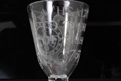 Lot 37 - Rare mid-eighteenth century cordial glass, the bowl engraved 'A HEALTH TO THE KING OF PRUSSIA 1757', engraved verso with a reserve with the Prussian Eagle, on double series opaque twist stem with c...
