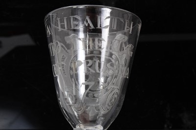 Lot 92 - Rare mid-eighteenth century cordial glass, the bowl engraved 'A HEALTH TO THE KING OF PRUSSIA 1757', engraved verso with a reserve with the Prussian Eagle, on double series opaque twist stem with c...