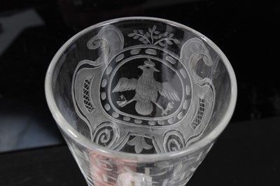 Lot 37 - Rare mid-eighteenth century cordial glass, the bowl engraved 'A HEALTH TO THE KING OF PRUSSIA 1757', engraved verso with a reserve with the Prussian Eagle, on double series opaque twist stem with c...