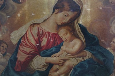 Lot 472 - 19th century Italian School, oil on canvas laid on board, The Madonna and Child, in ebonised frame, 50 x 65cm