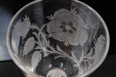 Lot 38 - Georgian cordial glasses comprising a pair with Jacobite engraved rose, thistle, star and leaf decoration with double series opaque twist stems and an identical glass with similar decoration with F...