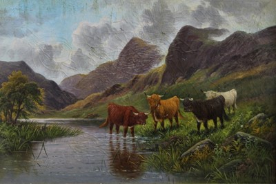 Lot 491 - Edward Heaton, late 19th century, oil on canvas, a mountainous river landscape with highland cattle watering, signed, in original gilt frame, 50 x 75cm