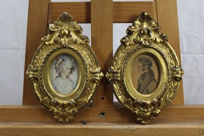 Lot 471 - 19th century English School, watercolours, a pair of miniature portraits of a lady and gentleman, in ornate gilt frames, each 8 x 6cm